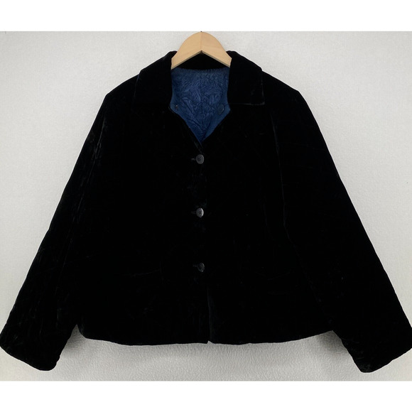 SIMONE CHIN CHIN Jacket M Velvet Silk Quilted Reversible Button Front Black Blue - Picture 1 of 16